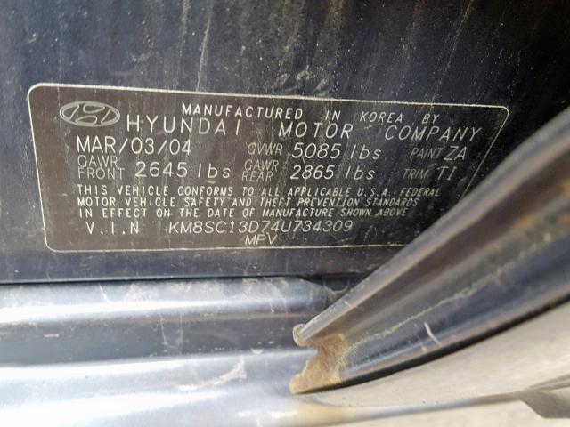 KM8SC13D74U734309 - 2004 HYUNDAI SANTA FE G BLUE photo 10