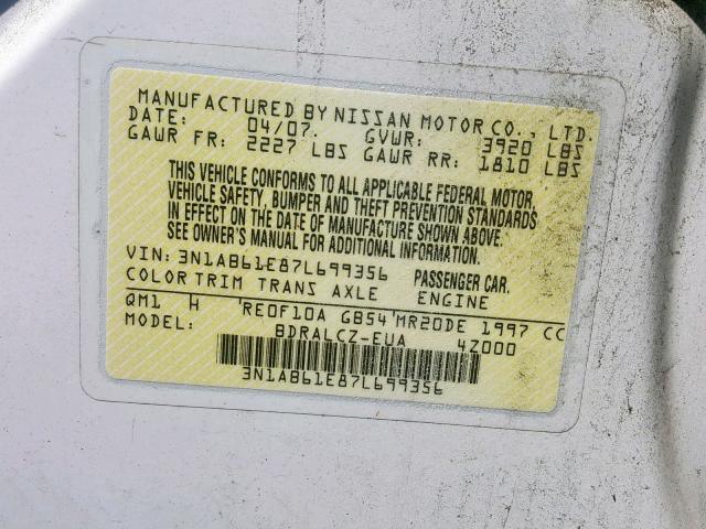 3N1AB61E87L699356 - 2007 NISSAN SENTRA 2.0 WHITE photo 10