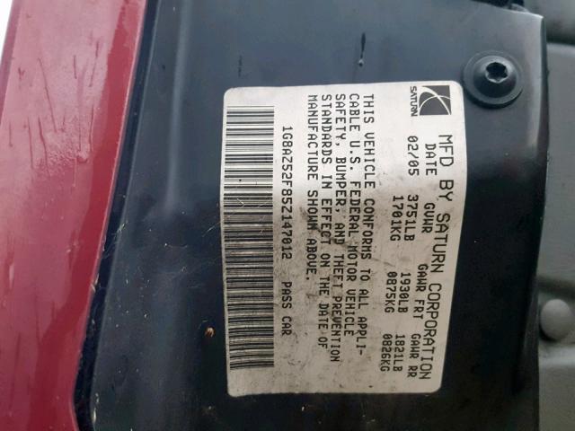 1G8AZ52F85Z147012 - 2005 SATURN ION LEVEL BURGUNDY photo 10