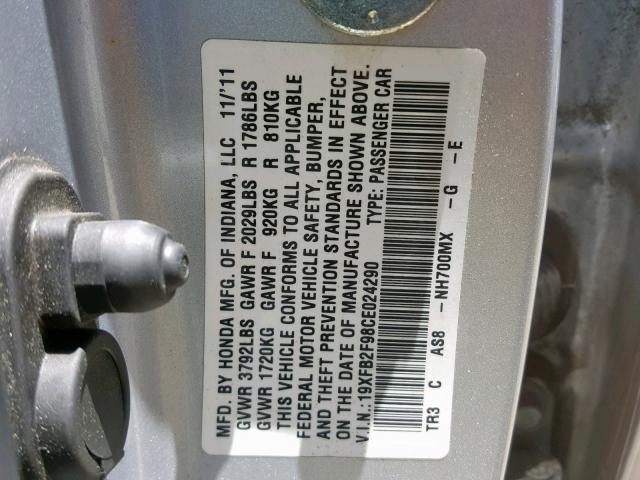 19XFB2F98CE024290 - 2012 HONDA CIVIC EXL SILVER photo 10