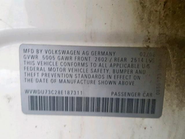 WVWDU73C28E187311 - 2008 VOLKSWAGEN PASSAT VR6 WHITE photo 10