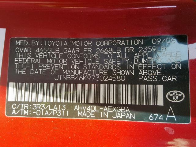 JTNBB46K973024580 - 2007 TOYOTA CAMRY NEW RED photo 10