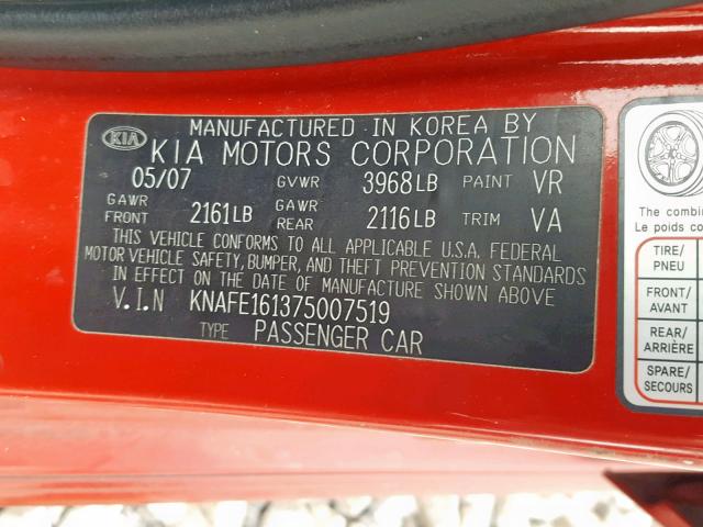 KNAFE161375007519 - 2007 KIA SPECTRA5 S RED photo 10