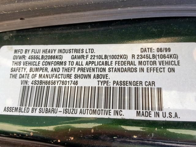 4S3BH6656Y7601746 - 2000 SUBARU LEGACY OUT GREEN photo 10