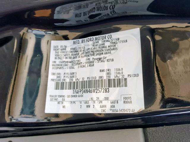 1FAFP34N46W257283 - 2006 FORD FOCUS ZX4 BLACK photo 10