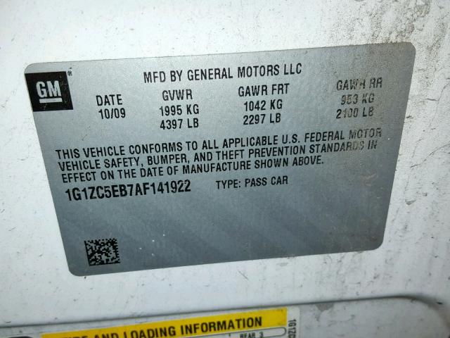 1G1ZC5EB7AF141922 - 2010 CHEVROLET MALIBU 1LT თეთრი ფოტო 10