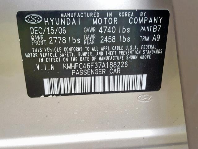 KMHFC46F37A188226 - 2007 HYUNDAI AZERA SE GOLD photo 10