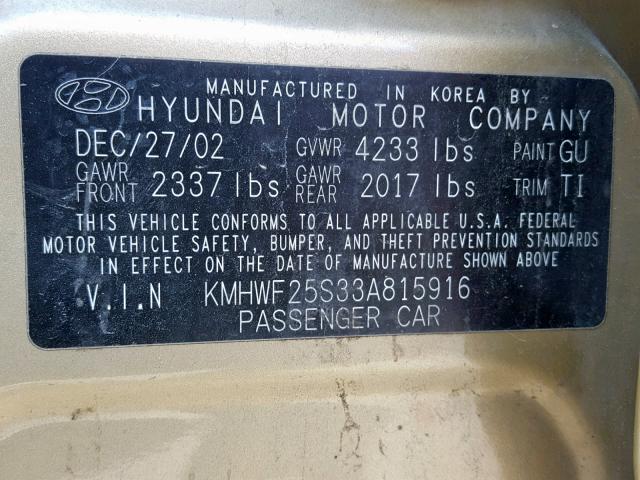 KMHWF25S33A815916 - 2003 HYUNDAI SONATA GL GOLD photo 10