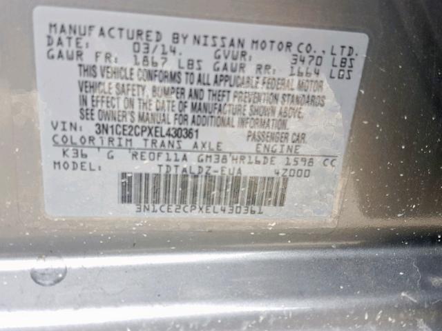 3N1CE2CPXEL430361 - 2014 NISSAN VERSA NOTE GRAY photo 10