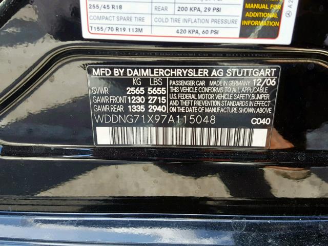 WDDNG71X97A115048 - 2007 MERCEDES-BENZ S 550 BLACK photo 10