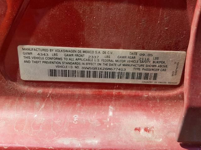 3VWSG81K26M677413 - 2006 VOLKSWAGEN JETTA 2.5 RED photo 10