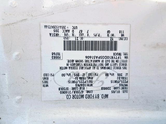 1FTYR10D35PA51606 - 2005 FORD RANGER WHITE photo 10