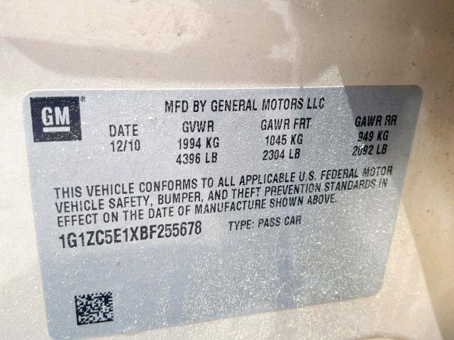 1G1ZC5E1XBF255678 - 2011 CHEVROLET MALIBU 1LT 金色 照片 10