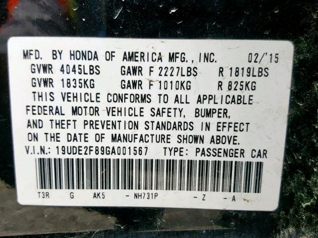 19UDE2F89GA001567 - 2016 ACURA ILX PREMIU BLACK photo 10