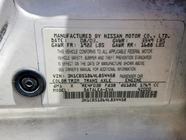 3N1CB51D64L854458 - 2004 NISSAN SENTRA 1.8 WHITE photo 10