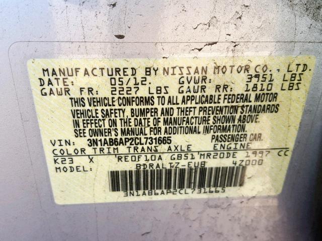 3N1AB6AP2CL731665 - 2012 NISSAN SENTRA 2.0 SILVER photo 10