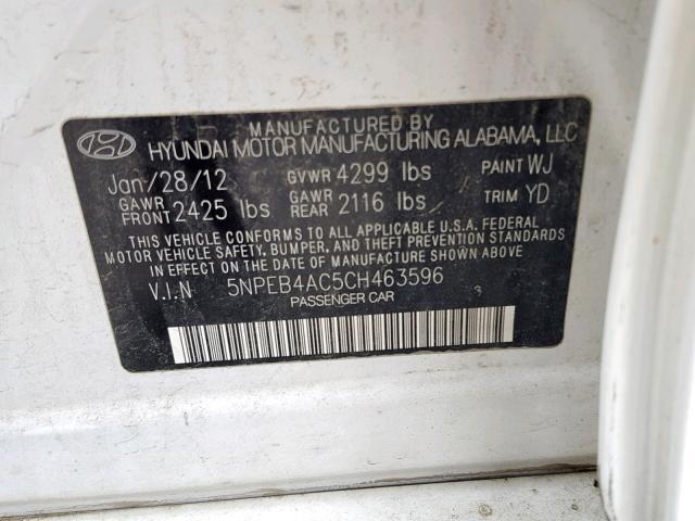 5NPEB4AC5CH463596 - 2012 HYUNDAI SONATA GLS WHITE photo 10