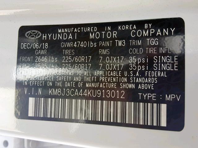 KM8J3CA44KU913012 - 2019 HYUNDAI TUCSON LIM WHITE photo 10