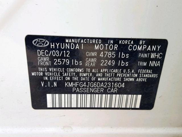 KMHFG4JG6DA231604 - 2013 HYUNDAI AZERA WHITE photo 10