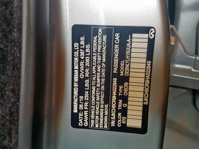 SJKCH5CR9HA022949 - 2017 INFINITI QX30 BASE SILVER photo 10