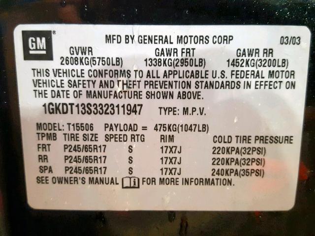 1GKDT13S332311947 - 2003 GMC ENVOY GRAY photo 10