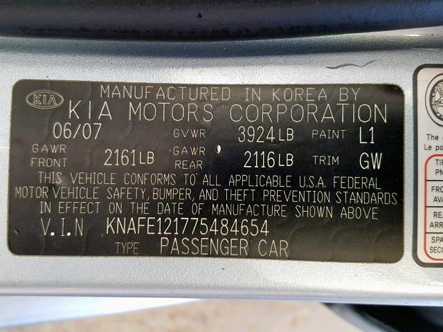 KNAFE121775484654 - 2007 KIA SPECTRA EX BLUE photo 10