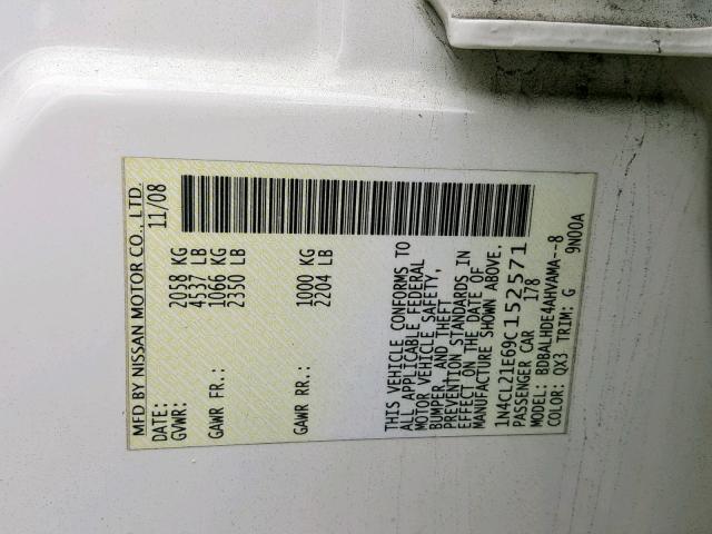 1N4CL21E69C152571 - 2009 NISSAN ALTIMA HYB WHITE photo 10