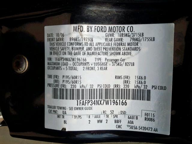 1FAFP34NX7W196166 - 2007 FORD FOCUS ZX4 BLACK photo 10