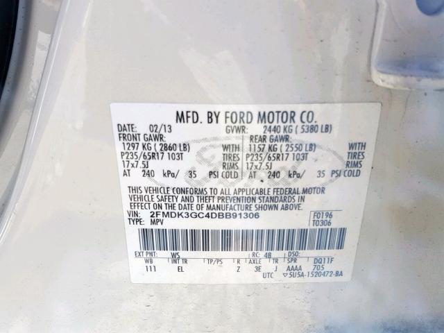 2FMDK3GC4DBB91306 - 2013 FORD EDGE SE WHITE photo 10