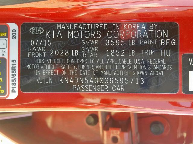 KNADN5A3XG6595713 - 2016 KIA RIO EX RED photo 10