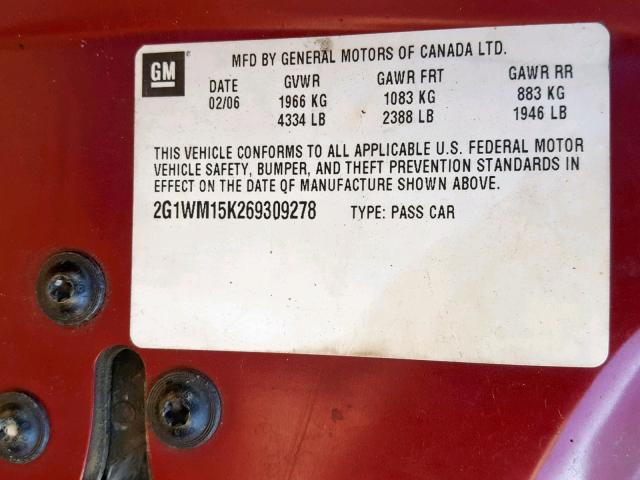 2G1WM15K269309278 - 2006 CHEVROLET MONTE CARL RED photo 10