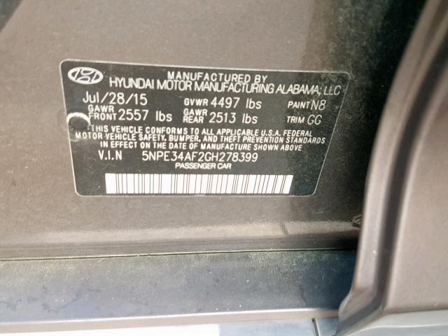 5NPE34AF2GH278399 - 2016 HYUNDAI SONATA SPO GRAY photo 10