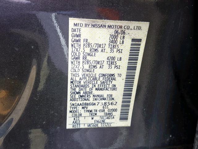 5N1AA08B66N738562 - 2006 NISSAN ARMADA SE GRAY photo 10