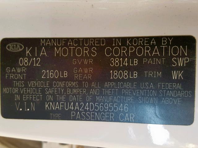 KNAFU4A24D5695546 - 2013 KIA FORTE EX WHITE photo 10