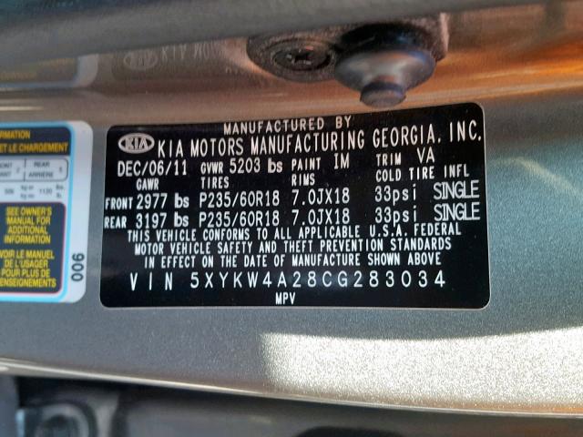 5XYKW4A28CG283034 - 2012 KIA SORENTO SX GRAY photo 10