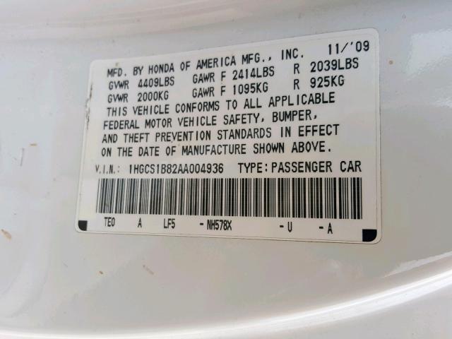 1HGCS1B82AA004936 - 2010 HONDA ACCORD EXL WHITE photo 10