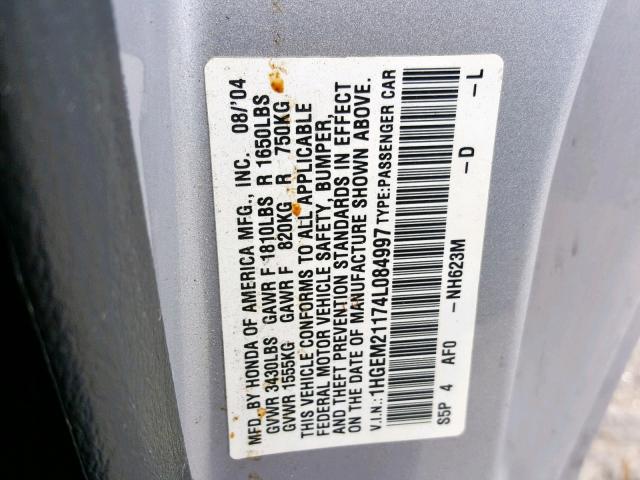 1HGEM21174L084997 - 2004 HONDA CIVIC DX V SILVER photo 10