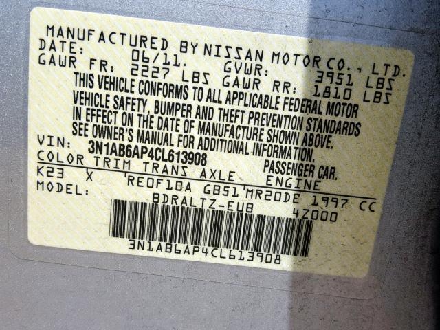 3N1AB6AP4CL613908 - 2012 NISSAN SENTRA 2.0 SILVER photo 10