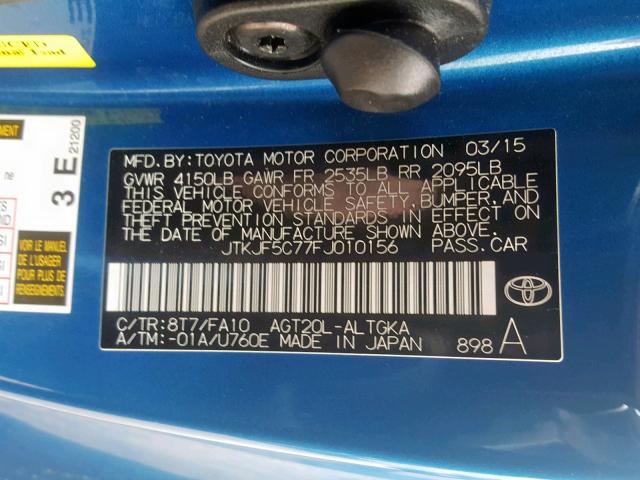 JTKJF5C77FJ010156 - 2015 TOYOTA SCION TC ლურჯი ფოტო 10