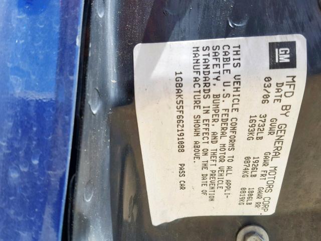 1G8AK55F66Z191088 - 2006 SATURN ION LEVEL BLUE photo 10