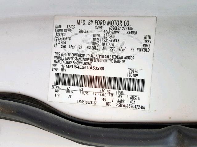 1FMEU64E56UA53289 - 2006 FORD EXPLORER E WHITE photo 10