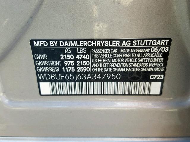 WDBUF65J63A347950 - 2003 MERCEDES-BENZ E 320 SILVER photo 10