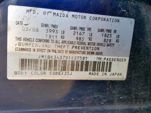 JM1BK343781137581 - 2008 MAZDA 3 HATCHBAC BLUE photo 10