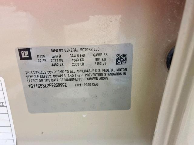 1G11C5SL2FF259992 - 2015 CHEVROLET MALIBU 1LT TAN photo 10