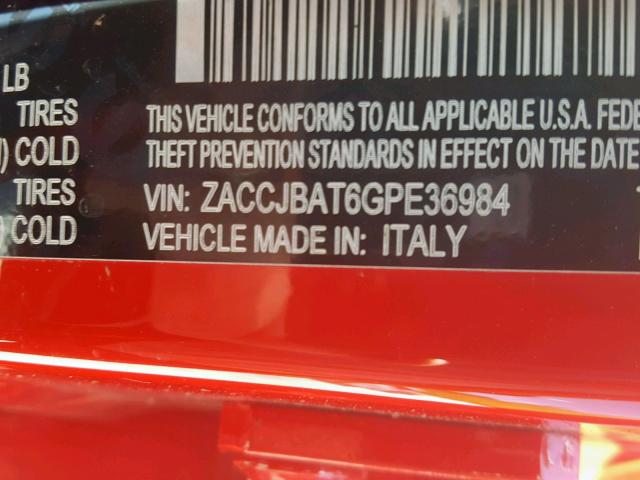 ZACCJBAT6GPE36984 - 2016 JEEP RENEGADE S წითელი ფოტო 10