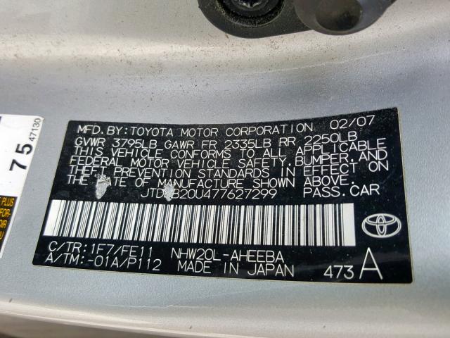 JTDKB20U477627299 - 2007 TOYOTA PRIUS SILVER photo 10