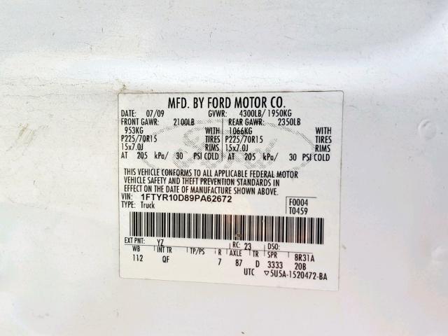 1FTYR10D89PA62672 - 2009 FORD RANGER WHITE photo 10