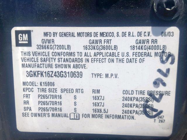 3GKFK16Z43G310639 - 2003 GMC YUKON XL K CHARCOAL photo 10