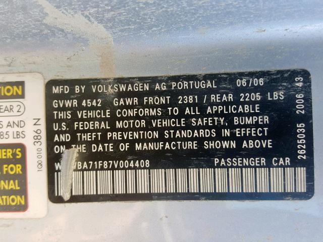 WVWBA71F87V004408 - 2007 VOLKSWAGEN EOS 2.0T SILVER photo 10