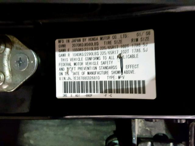 JHLRE38788C026810 - 2008 HONDA CR-V EXL BLACK photo 10